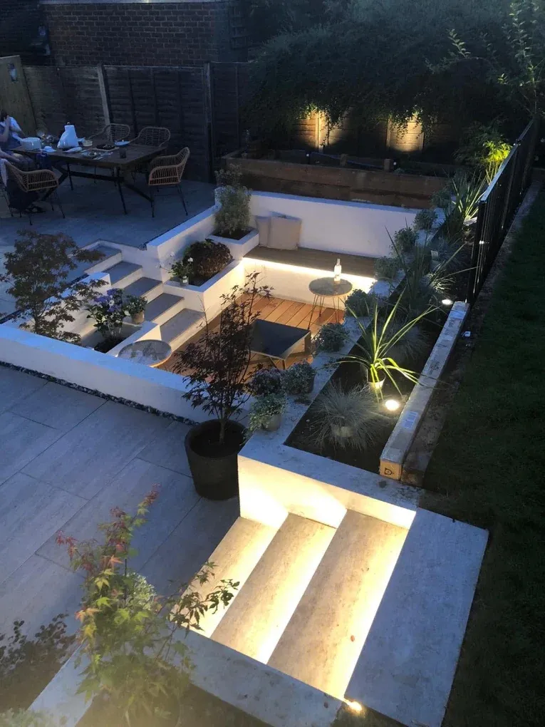 Garden steps lit at night